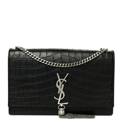 Saint Laurent Calfskin Crocodile Embossed Medium Classic Monogram Kate Tassel Satchel Black 1 of 12