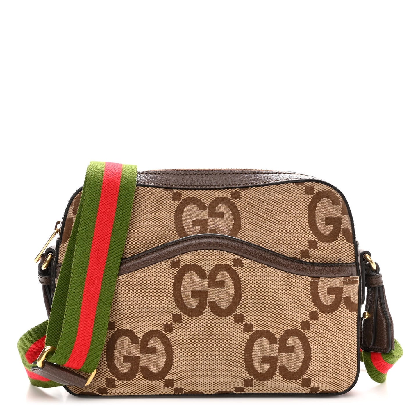 Monogram Jumbo GG Textured Dollar Calfskin Web Messenger Shoulder Bag Camel Ebony New Acero