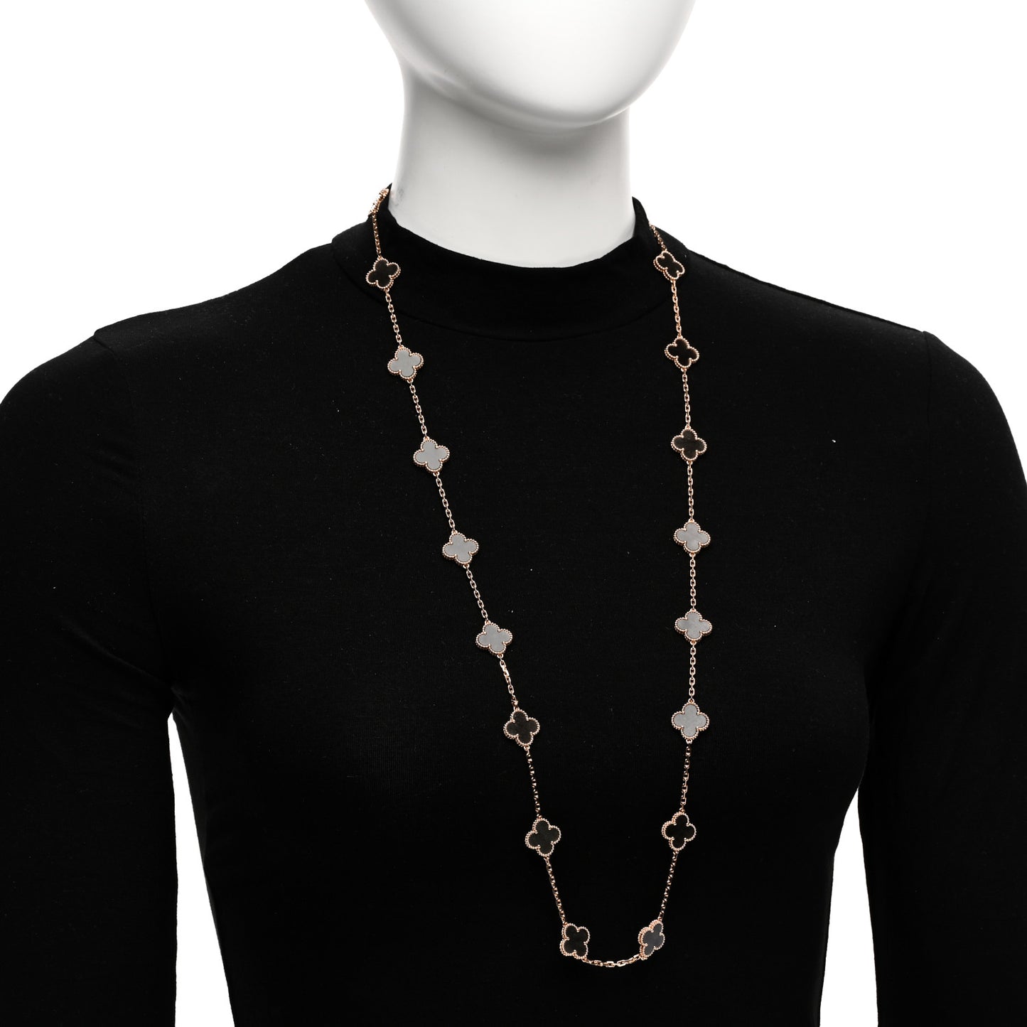 18K Rose Gold Silver Obsidian 20 Motifs Vintage Alhambra Necklace