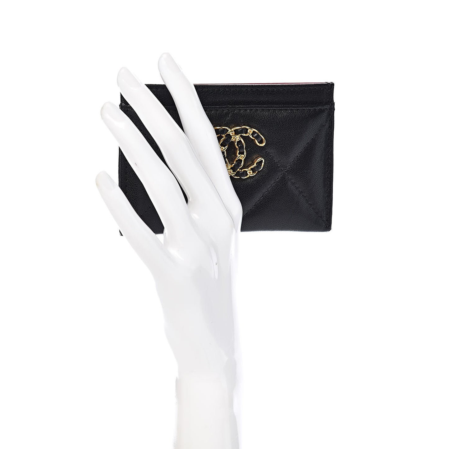 Shiny Goatskin Quilted Chanel 19 Card Holder Black