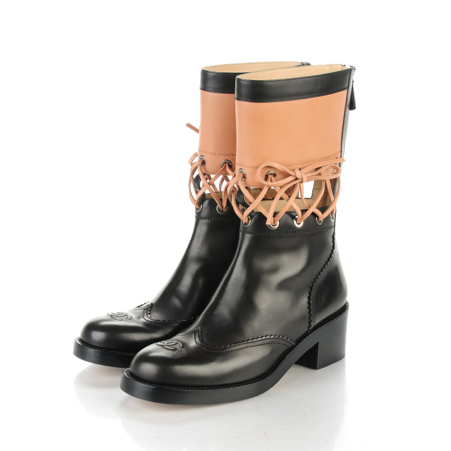 Chanel Calfskin Lace Up Short Boots 39.5 Black Beige 3 of 7