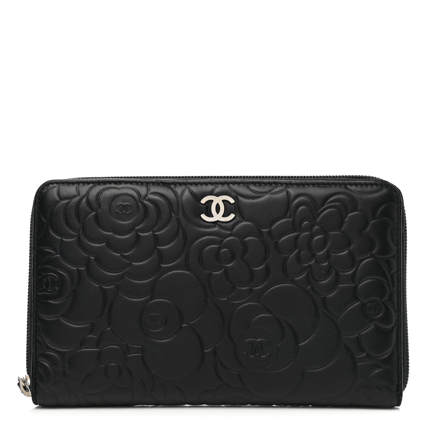 Chanel Lambskin Camellia Embossed Zip Around Organizer Wallet Black 1 of 14