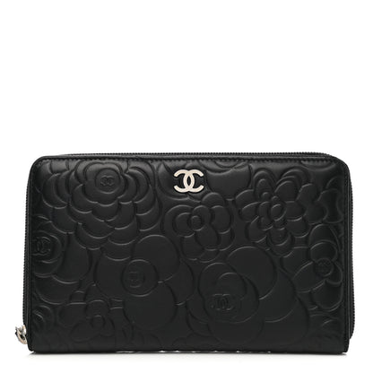 Chanel Lambskin Camellia Embossed Zip Around Organizer Wallet Black 1 of 14