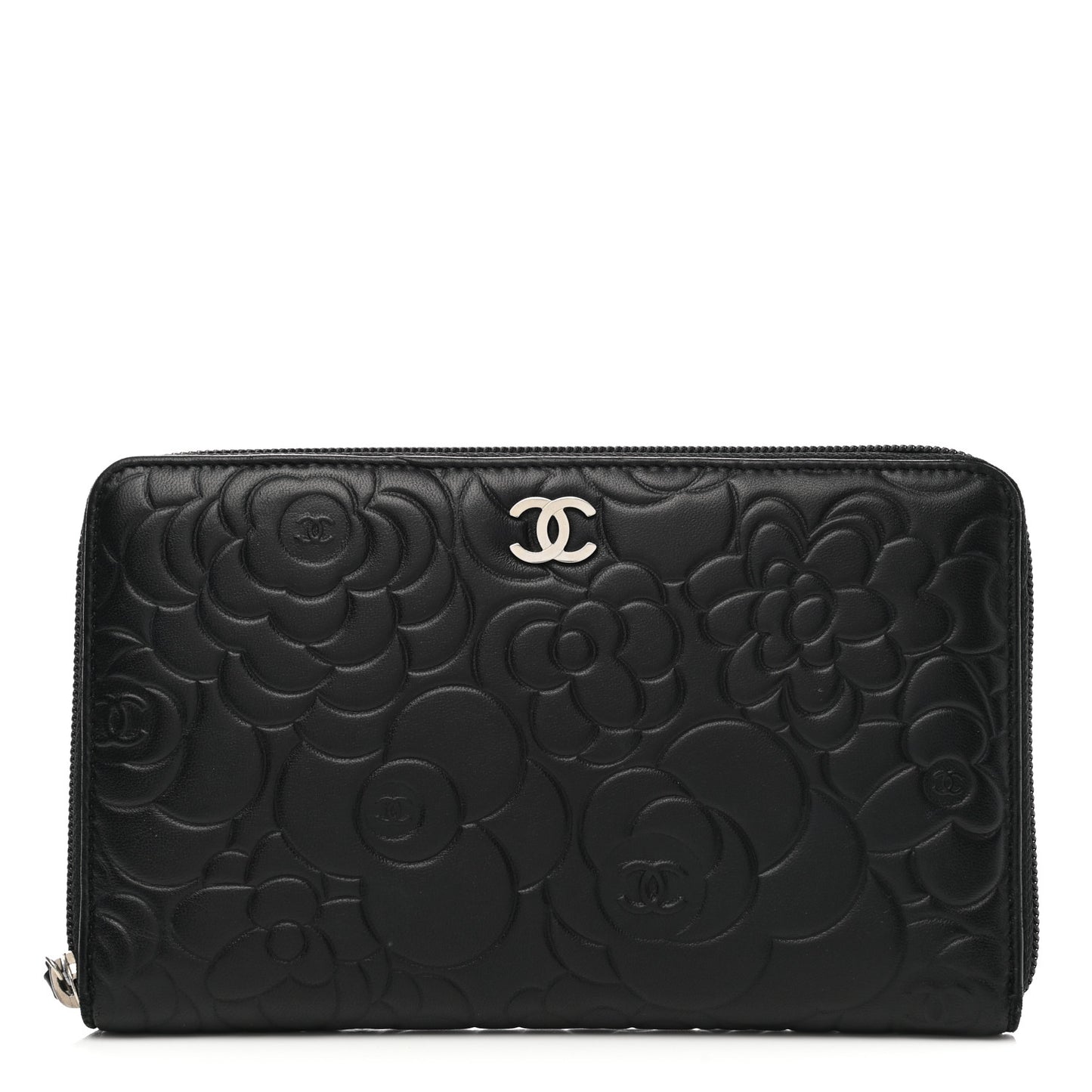 Lambskin Camellia Embossed Zip Around Organizer Wallet Black