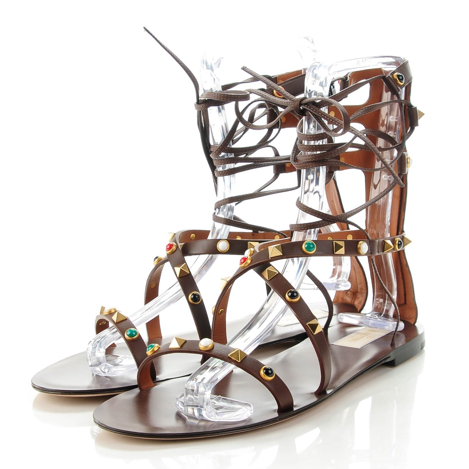 Valentino Garavani Calfskin Rockstud Rolling Cabochon Gladiator Flat Sandals 40 Cacao 3 of 7