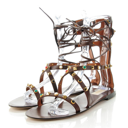Valentino Garavani Calfskin Rockstud Rolling Cabochon Gladiator Flat Sandals 40 Cacao 3 of 7