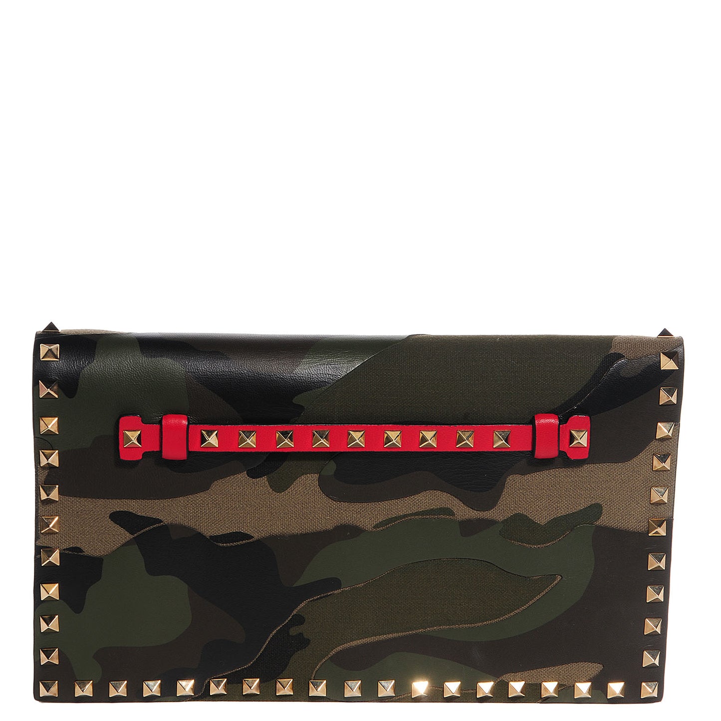 Nappa Canvas Camouflage Rockstud Wristlet Clutch Verde Rouge