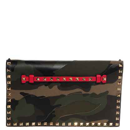 Valentino Garavani Nappa Canvas Camouflage Rockstud Wristlet Clutch Verde Rouge 1 of 8