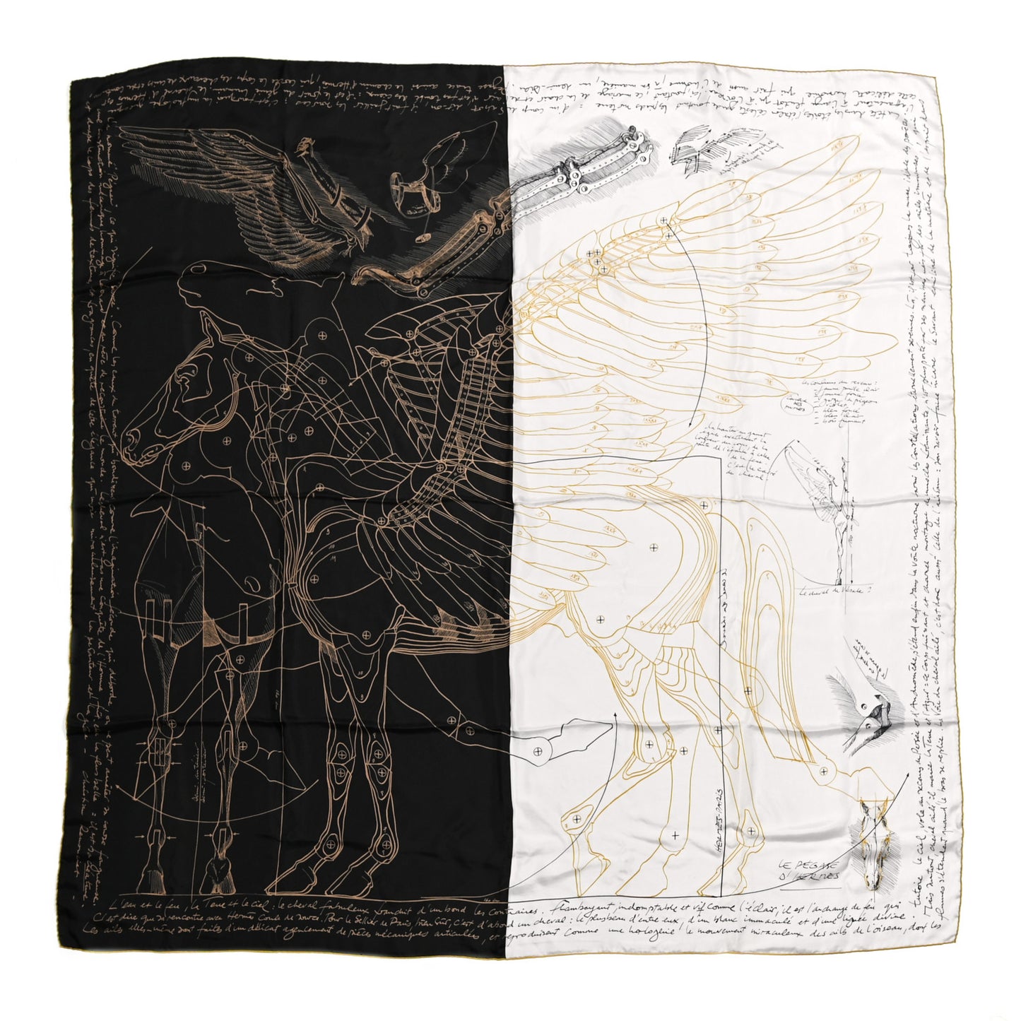 Silk Twill Le Pegase D Hermes Giant Scarf 140 Black White Or