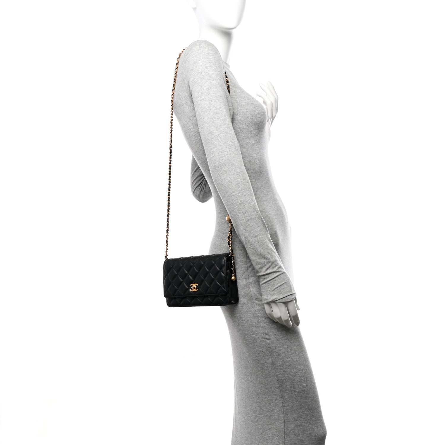 Chanel Lambskin Quilted CC Pearl Crush Wallet on Chain WOC Black 2 of 11