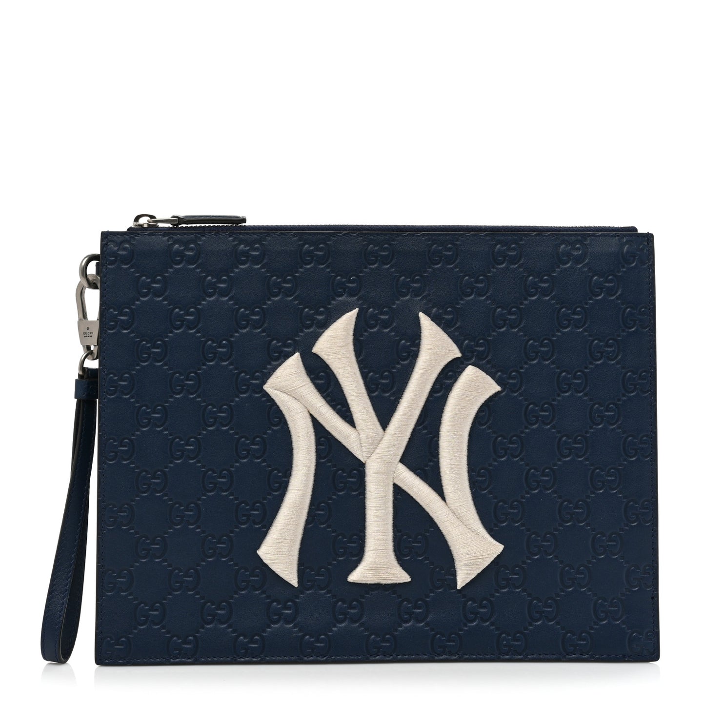 X MLB Guccissima NY Yankees Zip Wristlet Pouch Royale Ivory