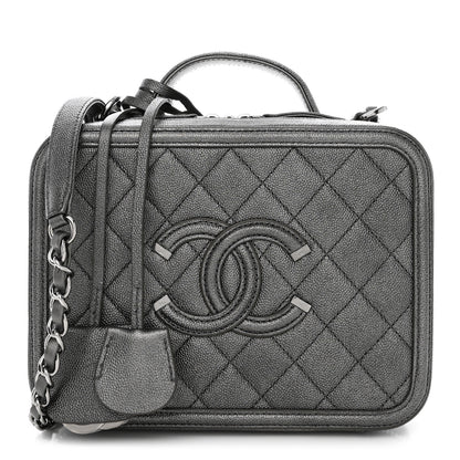 Chanel Metallic Caviar Quilted Medium CC Filigree Vanity Case Dark Silver 1 of 11