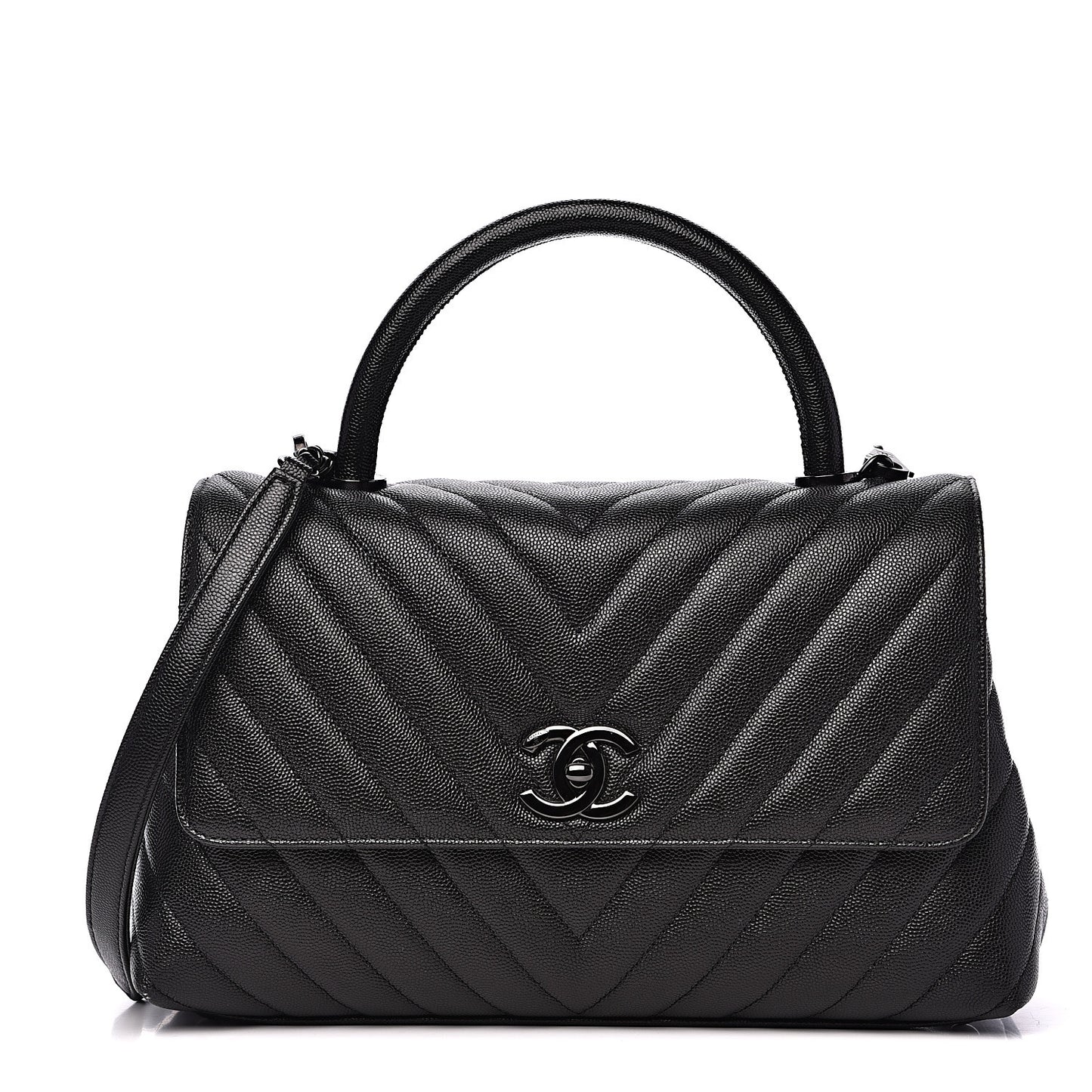 Caviar Chevron Quilted Small Coco Handle Flap So Black