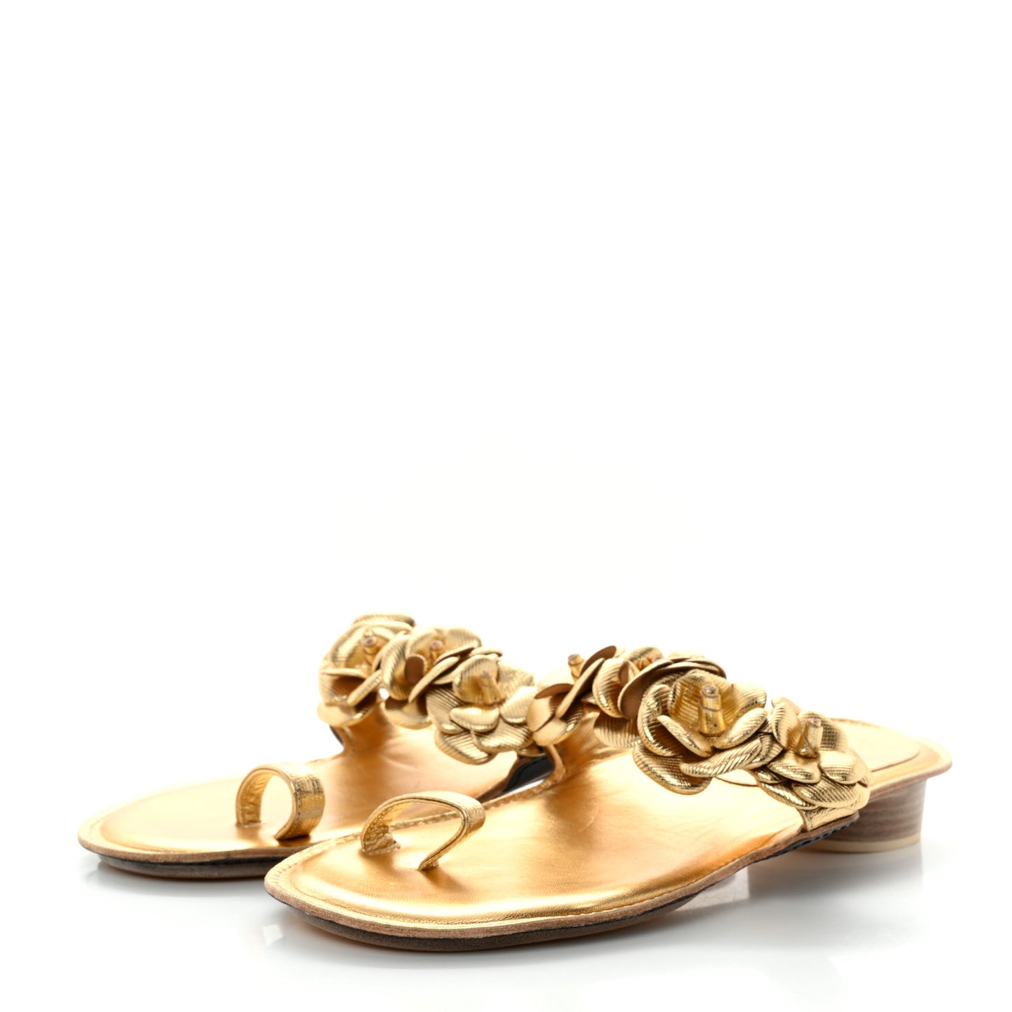 Metallic Calfskin Camellia Sandals 41 Gold