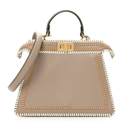Fendi Vitello Grace Shiny Nappa Helix Woven Small Peekaboo I SEE U Satchel Tortora Miele Scuro White Rice 1 of 9