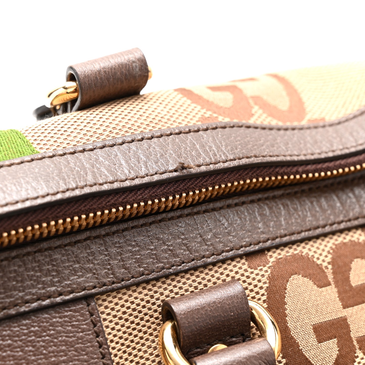 Monogram Jumbo GG Textured Dollar Calfskin Web Large Duffle Bag Camel Ebony