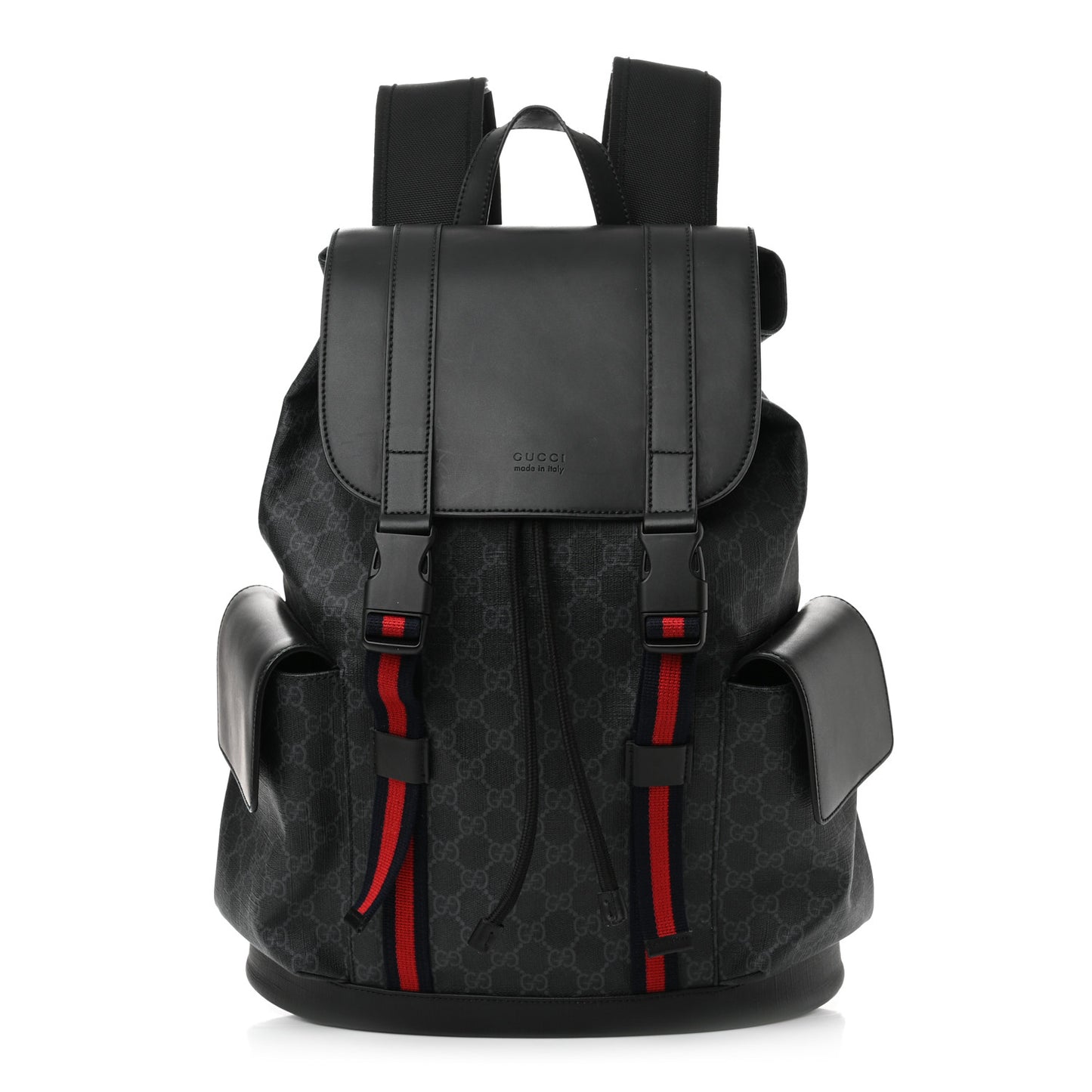 Soft GG Supreme Monogram Appia Calfskin Web Double Buckle Backpack Black