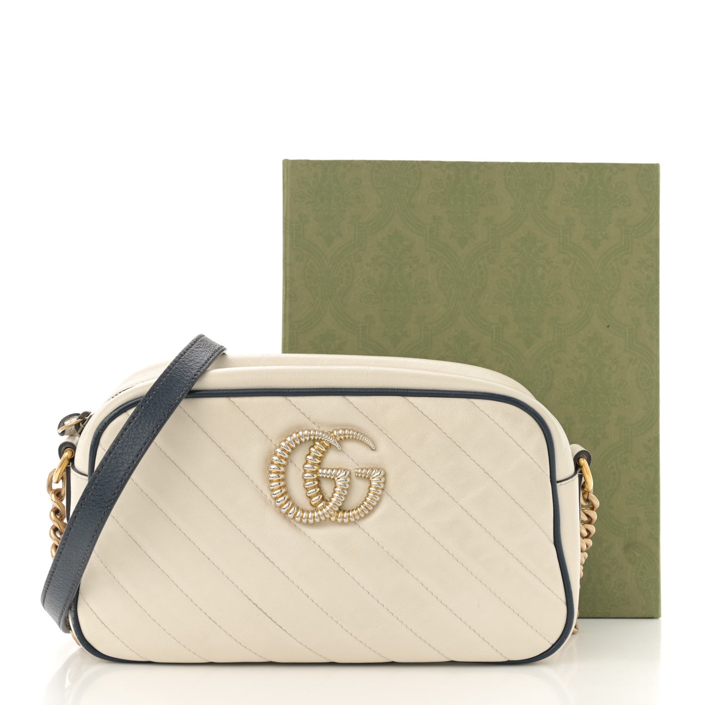 Vintage Effect Calfskin Matelasse Diagonal Small Torchon GG Marmont Chain Shoulder Bag Mystic White Blue Agata