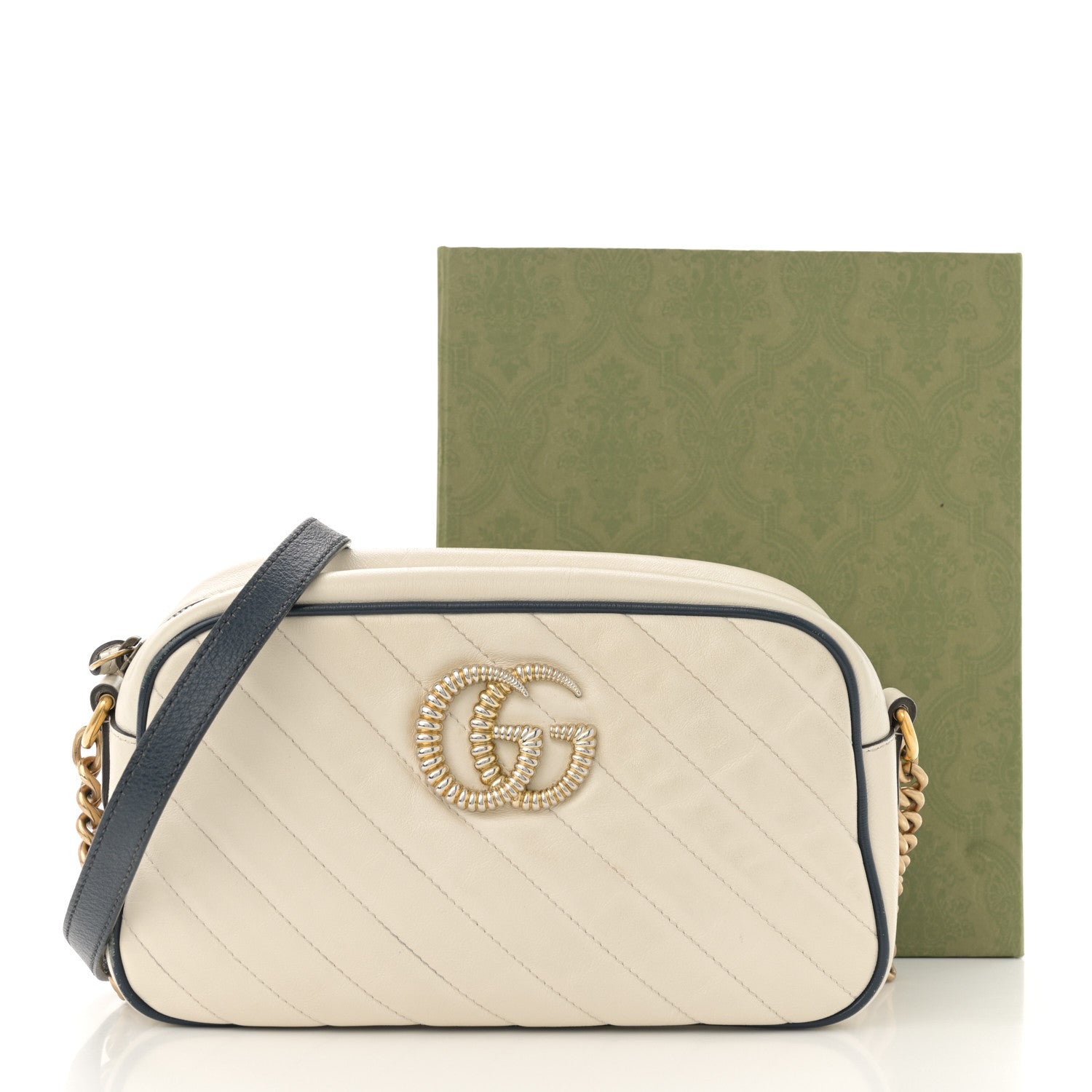 Gucci Vintage Effect Calfskin Matelasse Diagonal Small Torchon GG Marmont Chain Shoulder Bag Mystic White Blue Agata 15 of 15