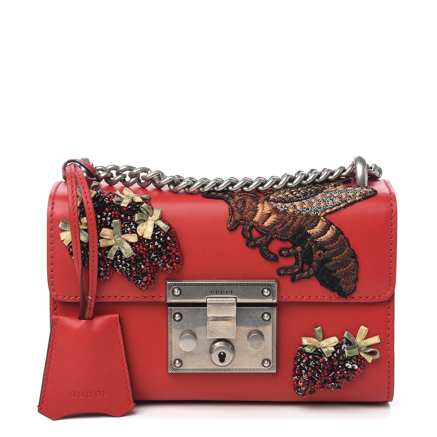 Calfskin Bee Embroidered Small Padlock Shoulder Bag Hibiscus Red