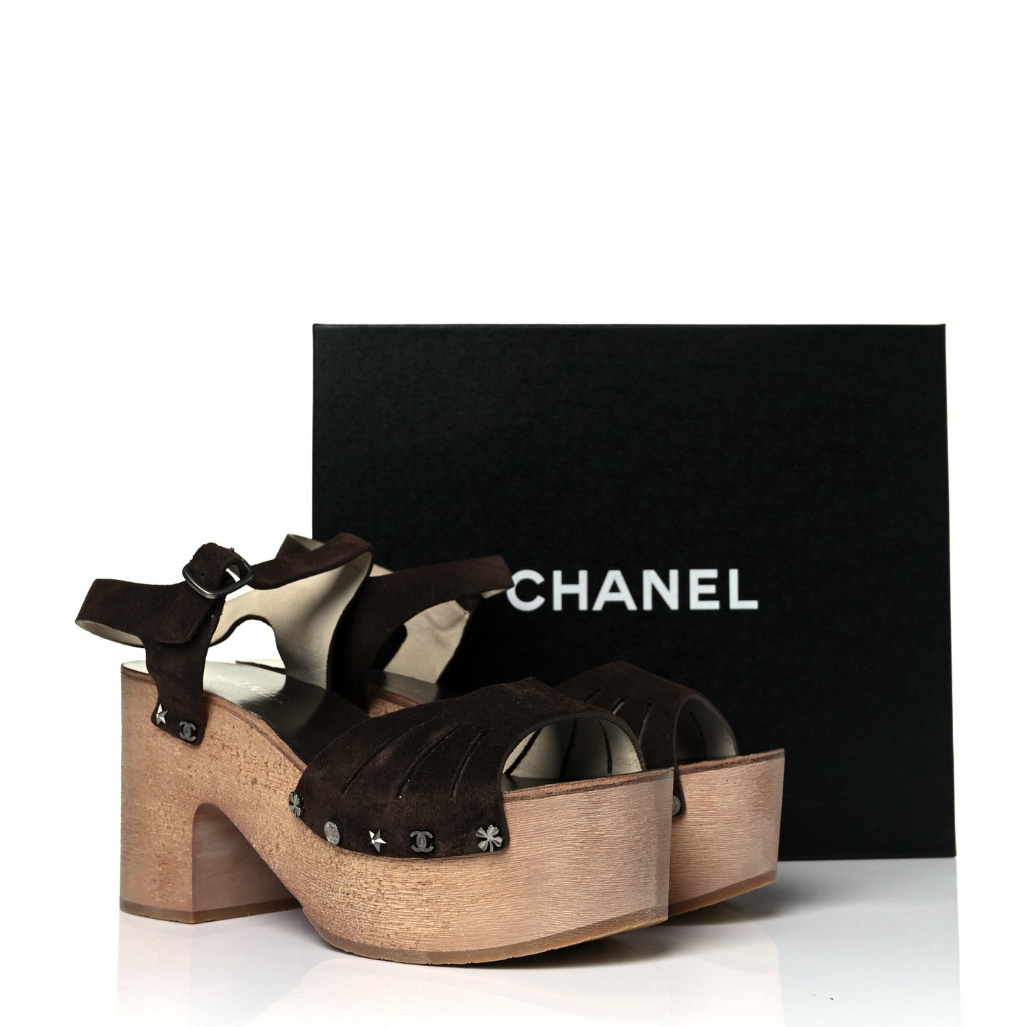 Suede Wooden Studded Platform Sandals 41 Brown