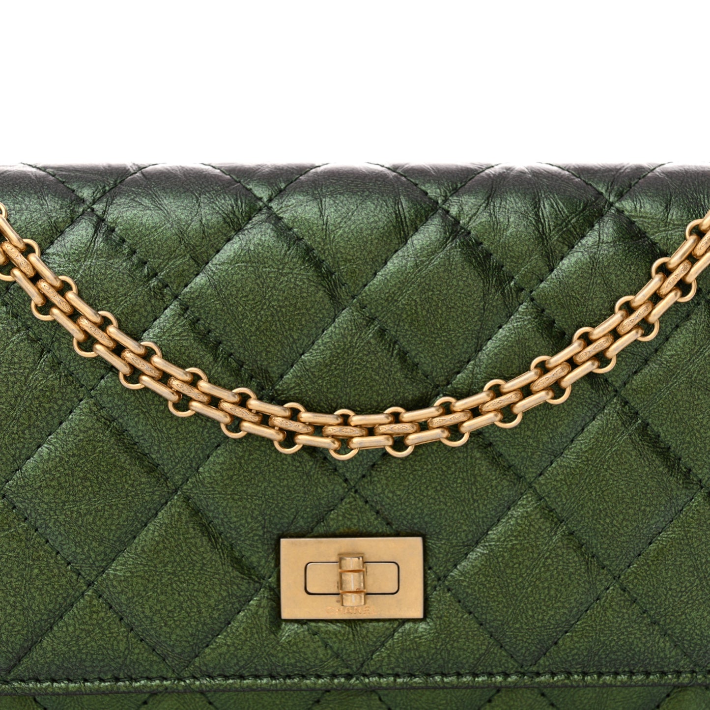 Metallic Aged Calfskin Quilted 2.55 Reissue Wallet on Chain WOC Green