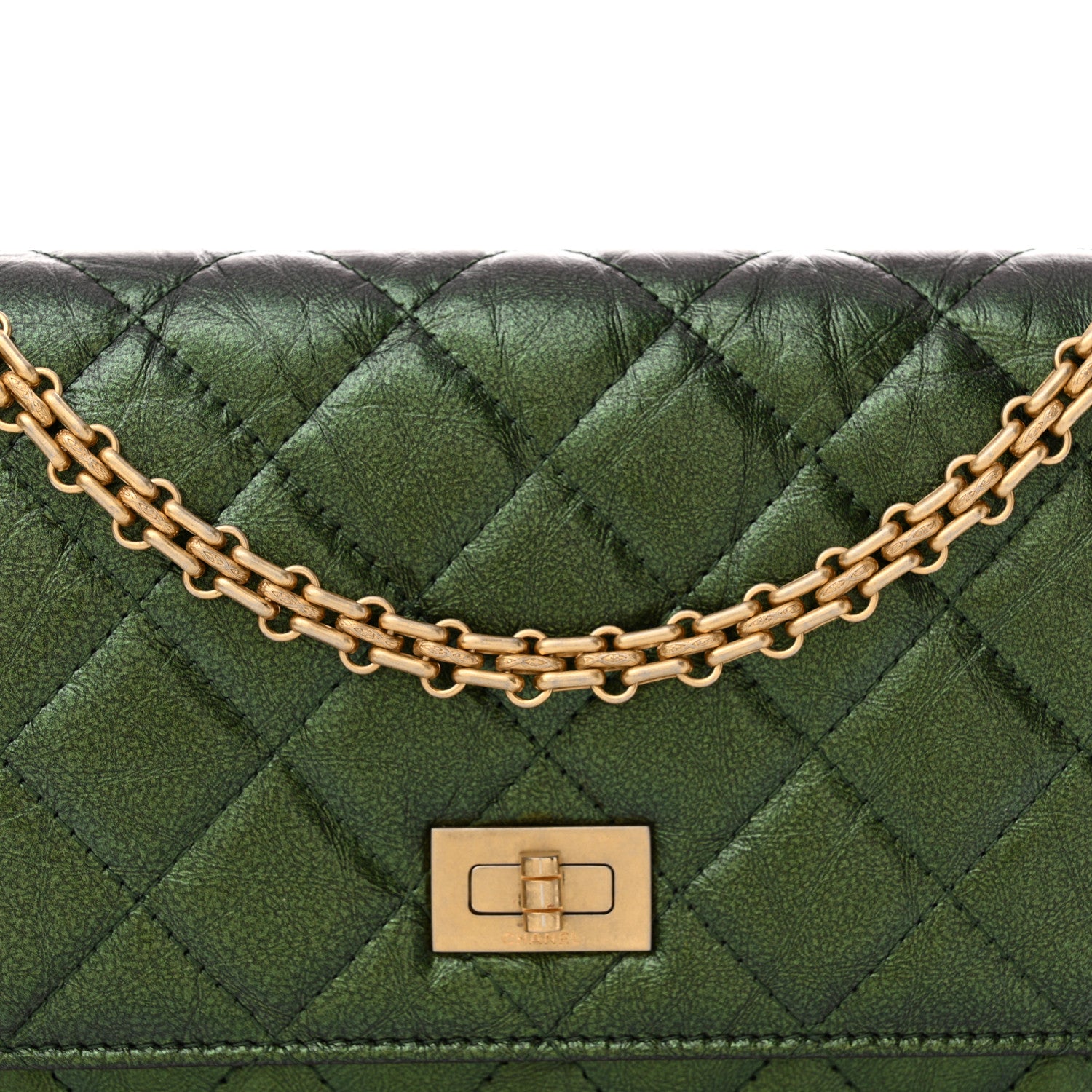 Chanel Metallic Aged Calfskin Quilted 2.55 Reissue Wallet on Chain WOC Green 9 of 11
