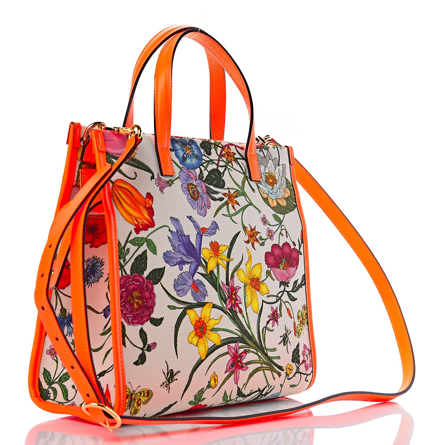 Gucci Canvas Medium Flora Tote White Multicolor Orange Fluo 3 of 9