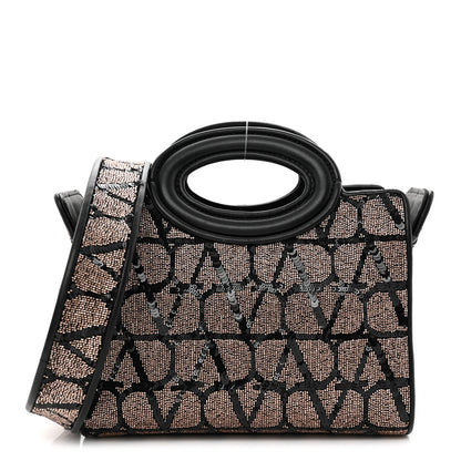 Valentino Garavani Sequins Toile Iconographe Calfskin Beaded Mini Le Troisieme Shopping Bag Black Rose 1 of 11