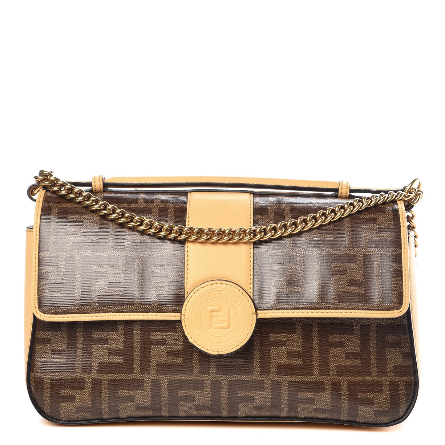 Vitello Grace Glazed Fabric FF 1974 Double F Shoulder Bag Alchemy Mogano Panna