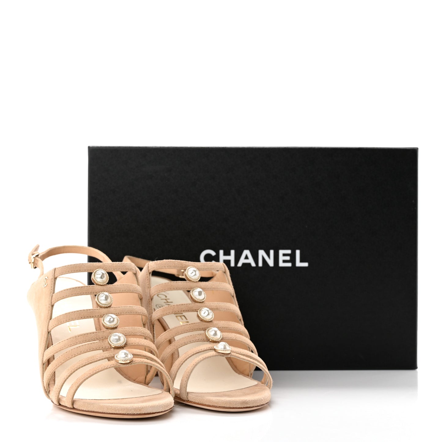 Suede Pearl Open Toe Caged Sandals 37.5 Beige