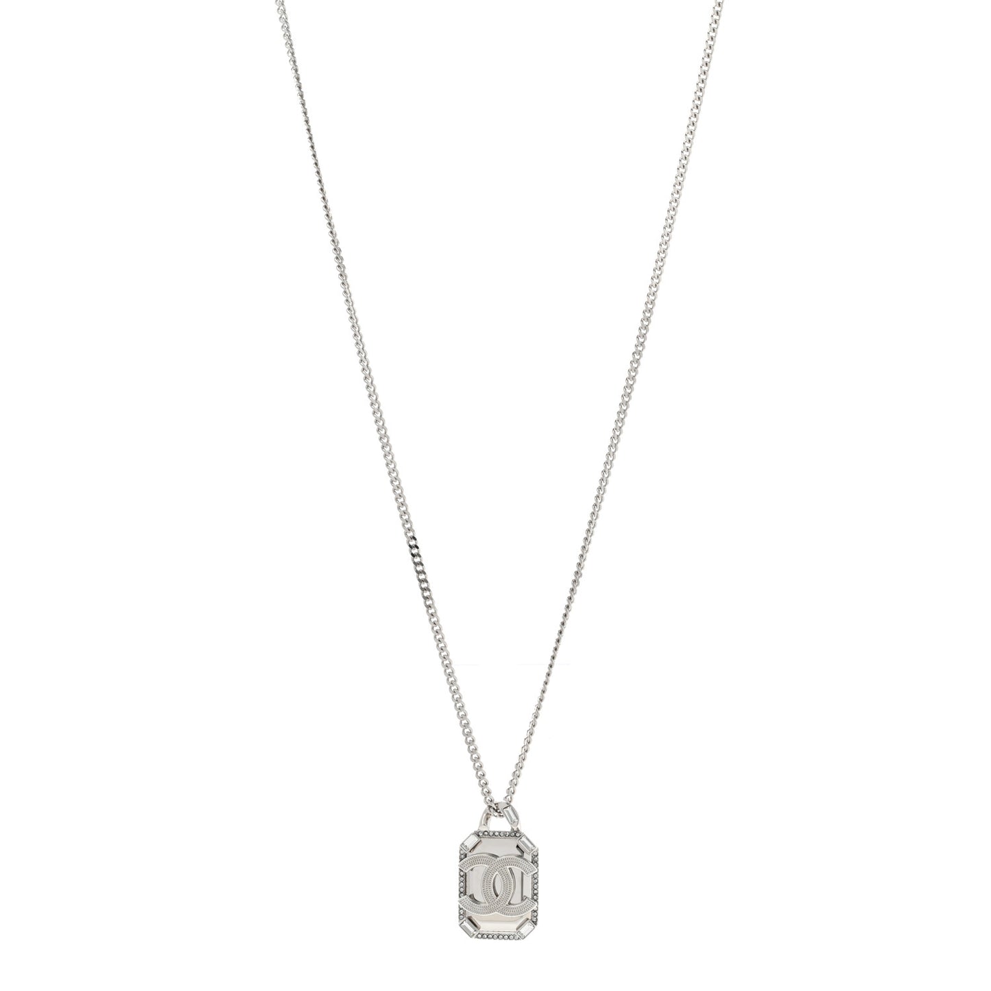 Crystal Baguette CC Mirror Pendant Necklace Silver