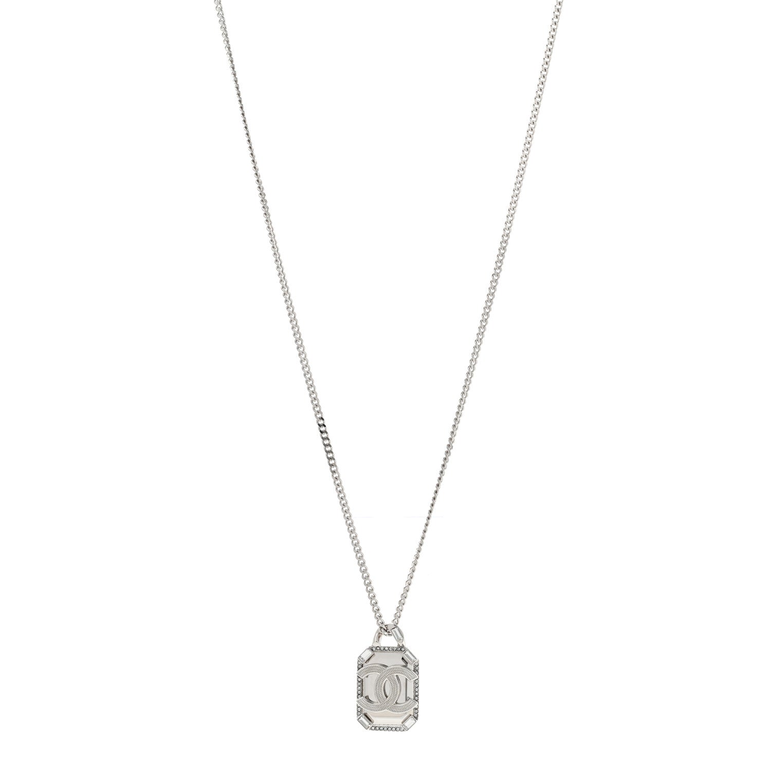 Chanel Crystal Baguette CC Mirror Pendant Necklace Silver 1 of 7