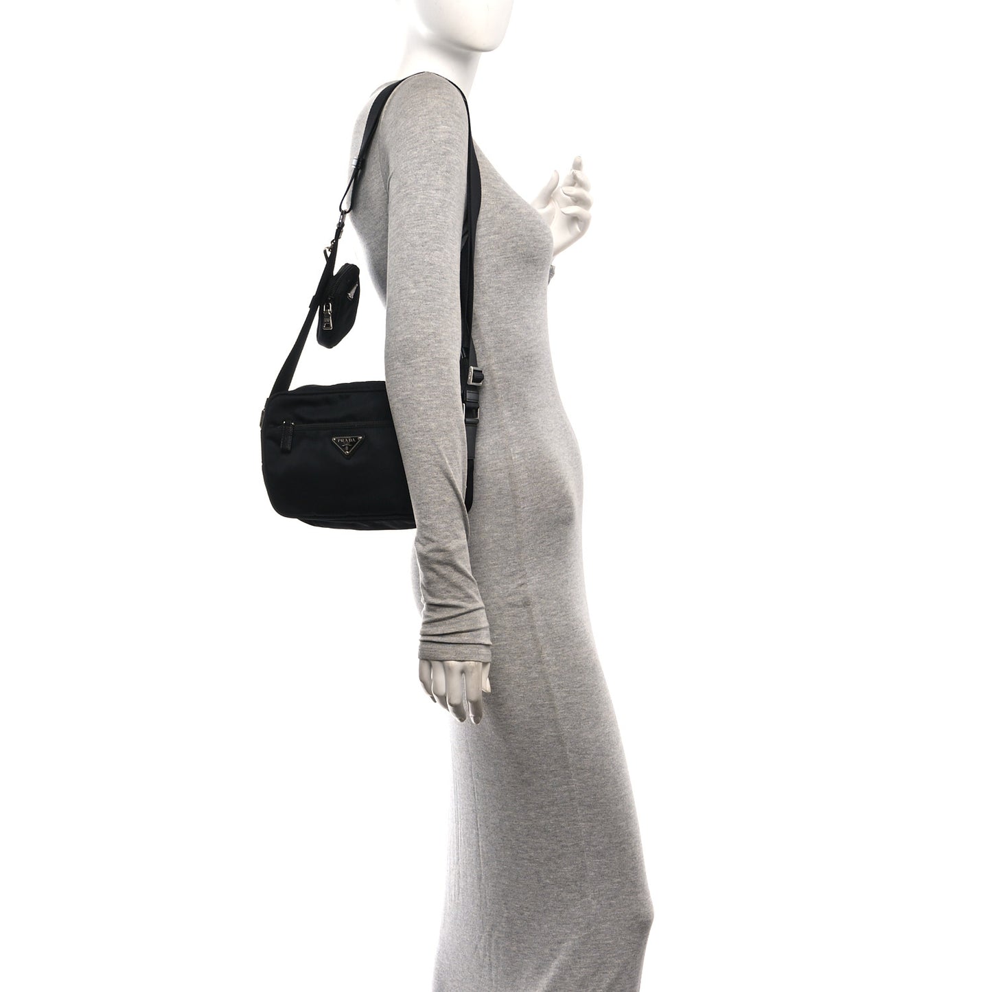 Re-Nylon Vela Saffiano Pocket Double Zip Shoulder Bag Black Black
