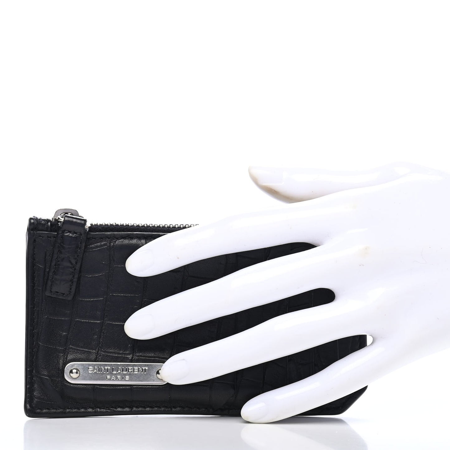 Calfskin Crocodile Embossed 5 Fragments Zip Pouch Card Holder Black
