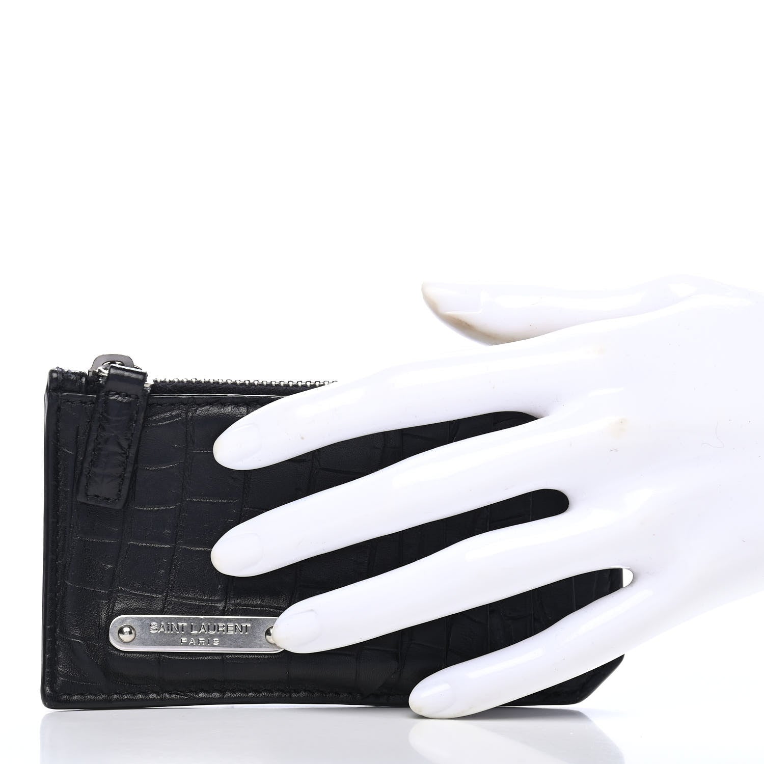 Saint Laurent Calfskin Crocodile Embossed 5 Fragments Zip Pouch Card Holder Black 2 of 8