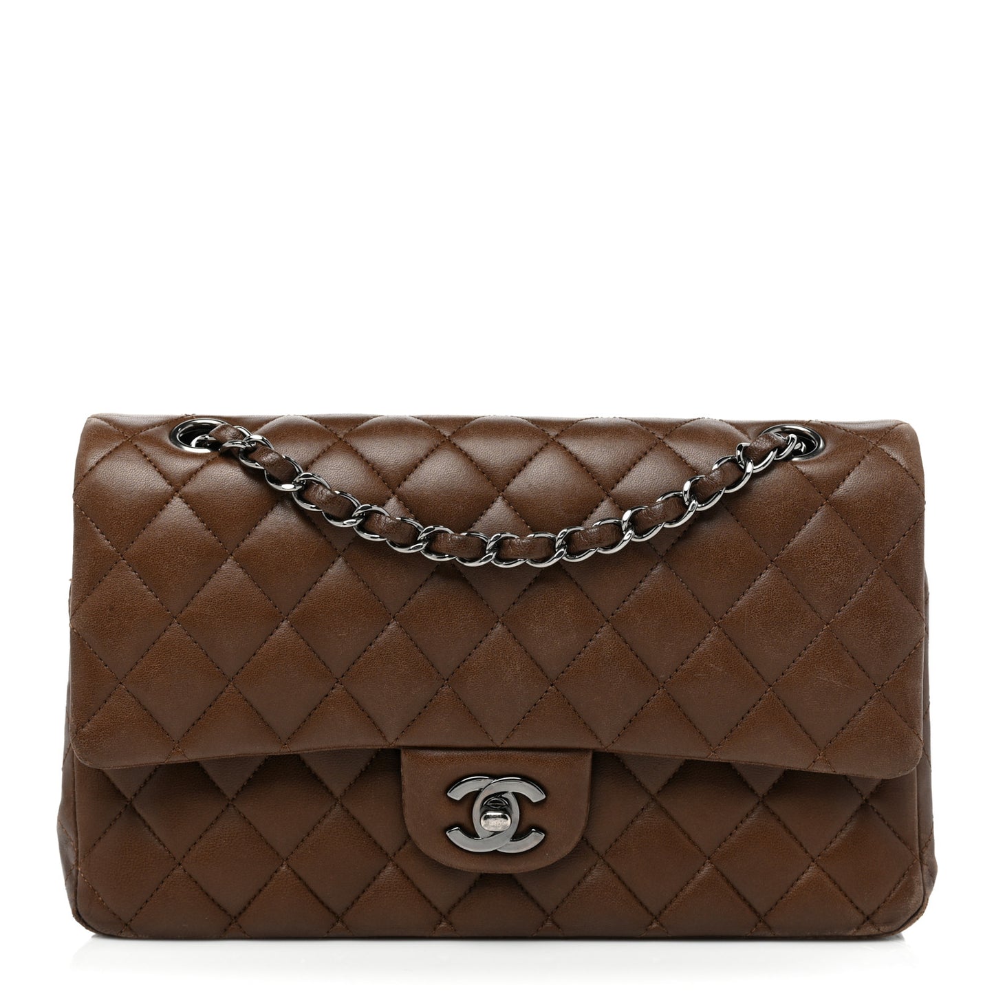 Lambskin Quilted Medium Double Flap Brown