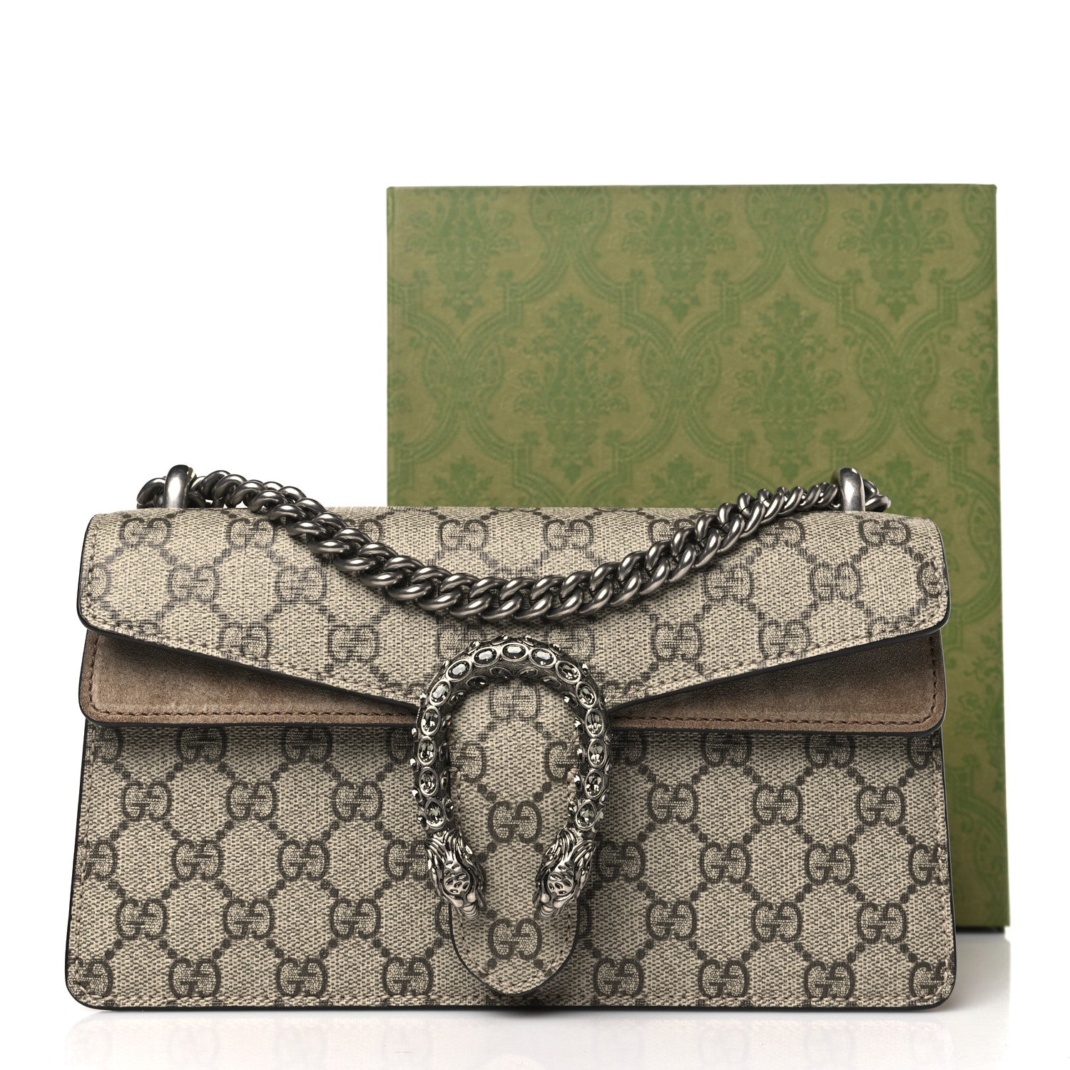 Gucci GG Supreme Monogram Suede Crystal Small Dionysus Shoulder Bag Beige Ebony Taupe 10 of 10