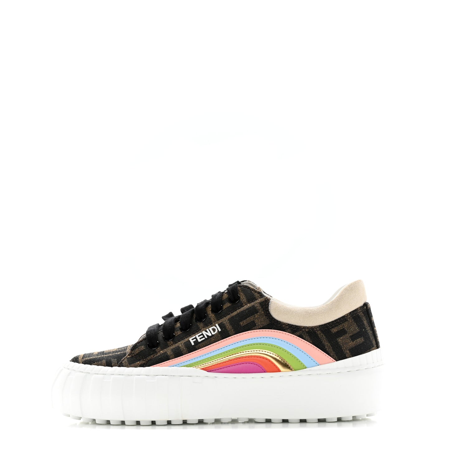 Fabric Jacquard FF Rainbow Womens Fendi Force Low-Top Sneakers 37 Tobacco Black White Multicolor