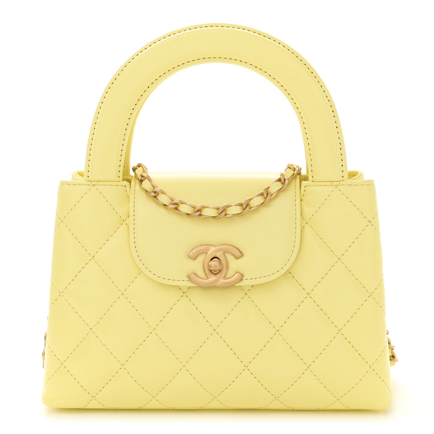 Shiny Aged Calfskin Quilted Nano Kelly Shopper Light Yellow