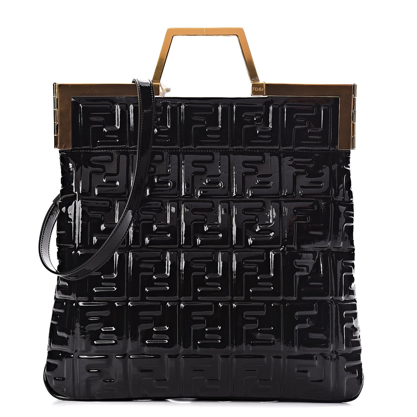 Patent FF 1974 Embossed Medium Shopping Flap Bag Black