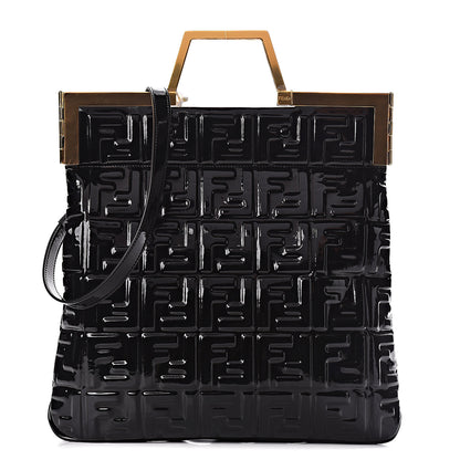 Fendi Patent FF 1974 Embossed Medium Shopping Flap Bag Black 1 of 13