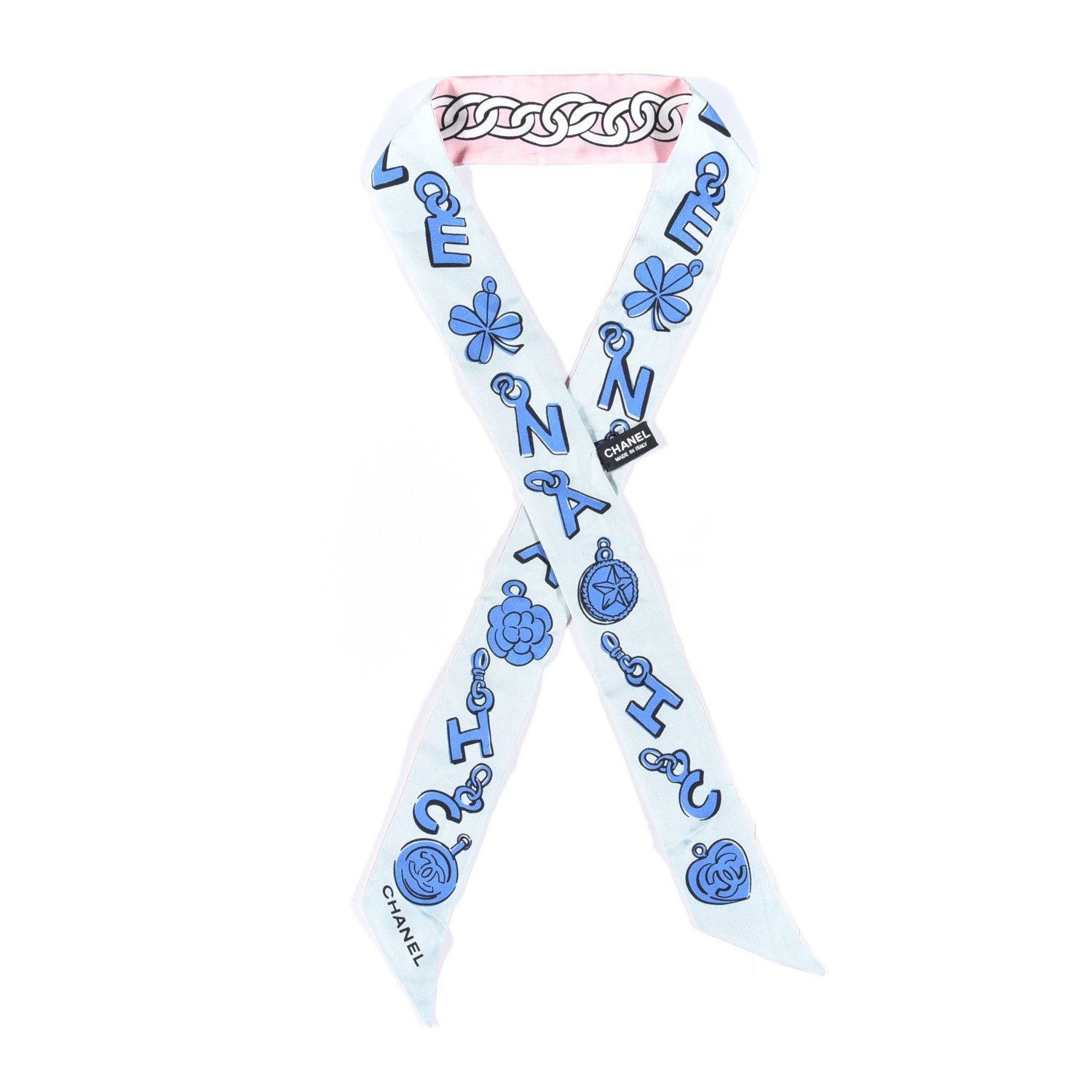 Chanel Silk CC Chain Slim Bandeau Scarf Pink Blue 1 of 4