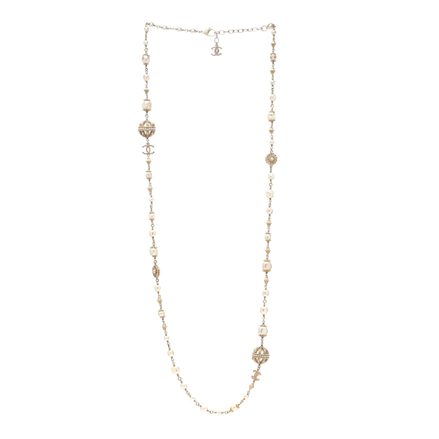 Pearl Crystal Flower CC Long Necklace Golden Pearly White