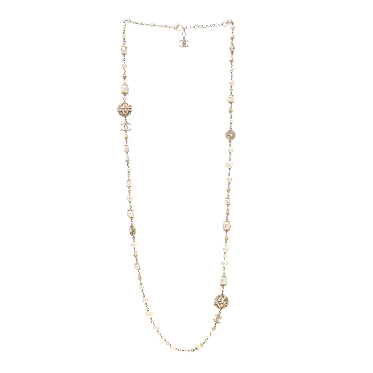 Chanel Pearl Crystal Flower CC Long Necklace Golden Pearly White 3 of 4