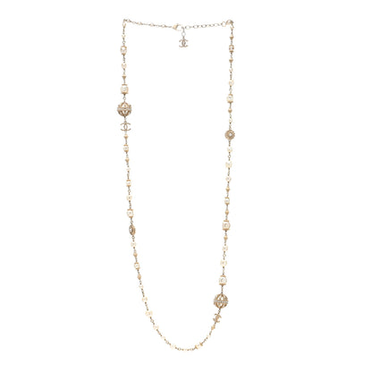 Chanel Pearl Crystal Flower CC Long Necklace Golden Pearly White 3 of 4