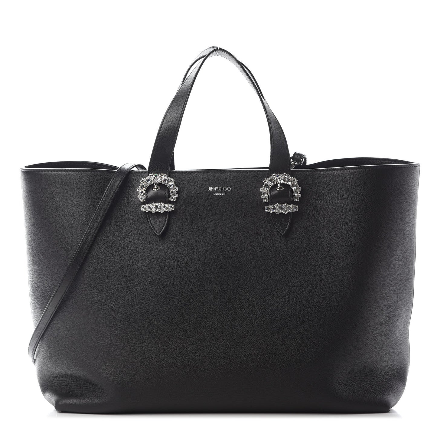 Calfskin Crystal Buckle Shopping Tote Black