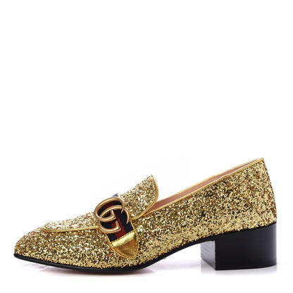 Gucci Glitter Web Peyton Loafers 38 Gold 1 of 10