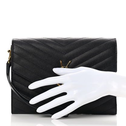 Saint Laurent Grain De Poudre Matelasse Chevron Monogram Envelope Clutch Black 2 of 7