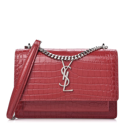 Saint Laurent Calfskin Crocodile Embossed Monogram Sunset Chain Wallet New Lipstick Red 1 of 9